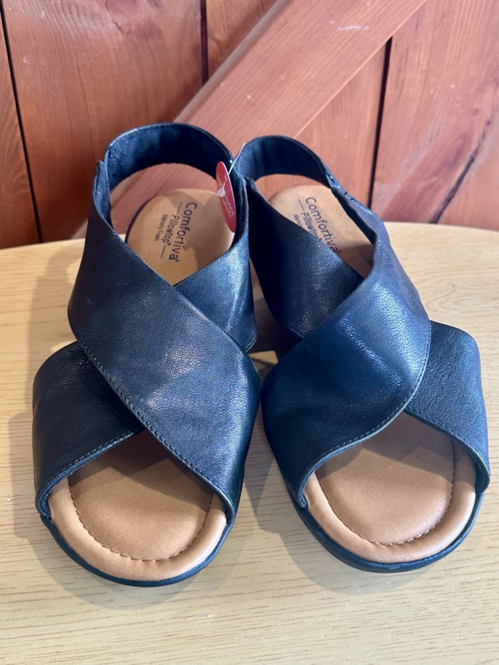 Comfortiva Black Leather Crisscross Slingback Sandals